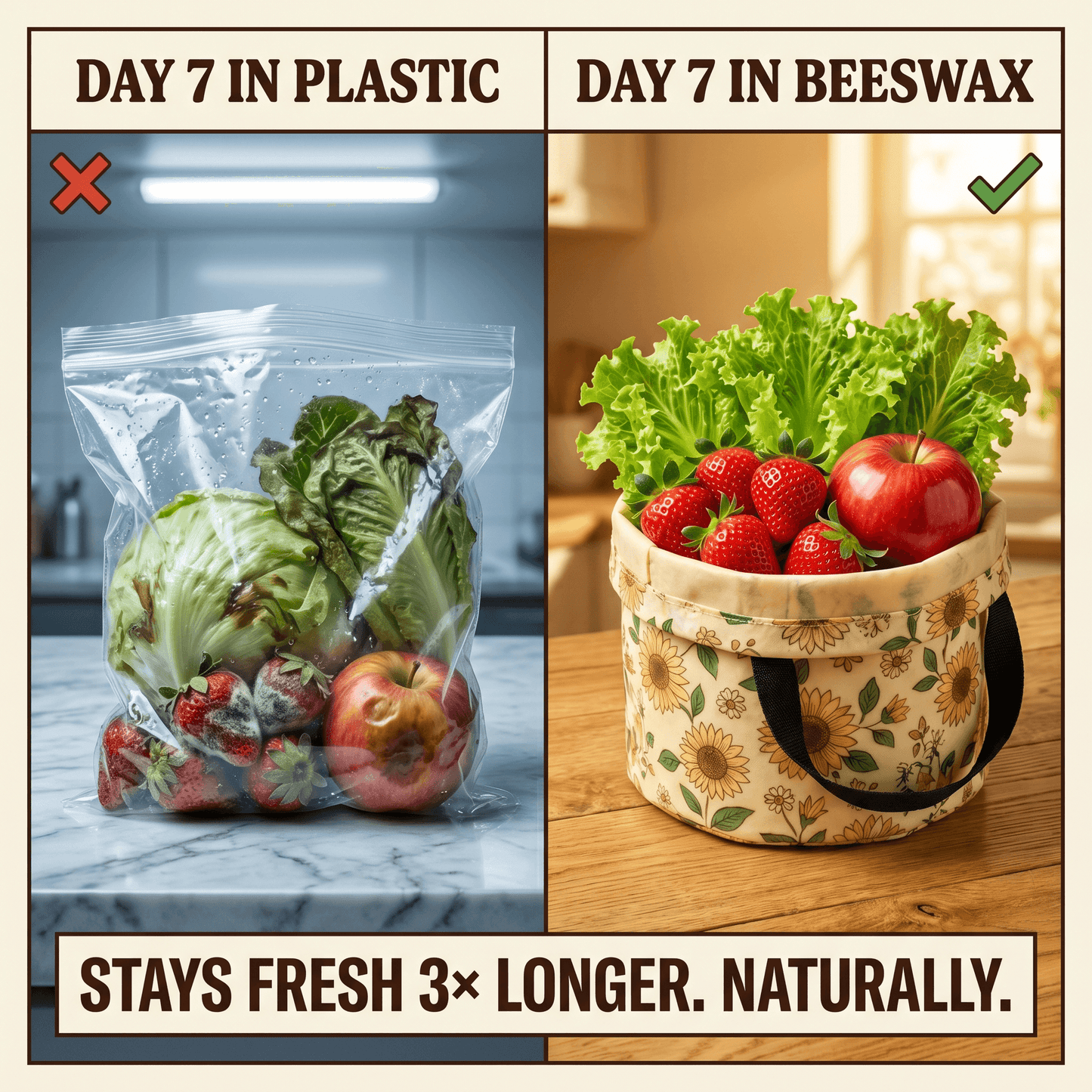 Day 7 comparison — produce stays fresh 3× longer in a Heritage Beeswax Pantry Bucket vs plastic