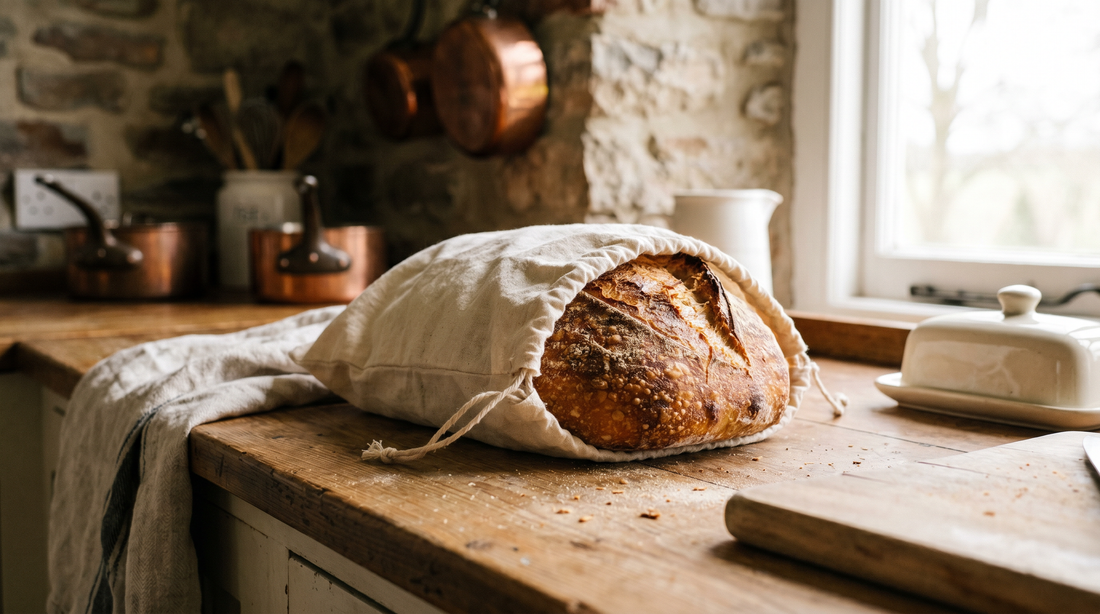 Crusty sourdough loaf wrapped in a cotton bread bag on a kitchen counter