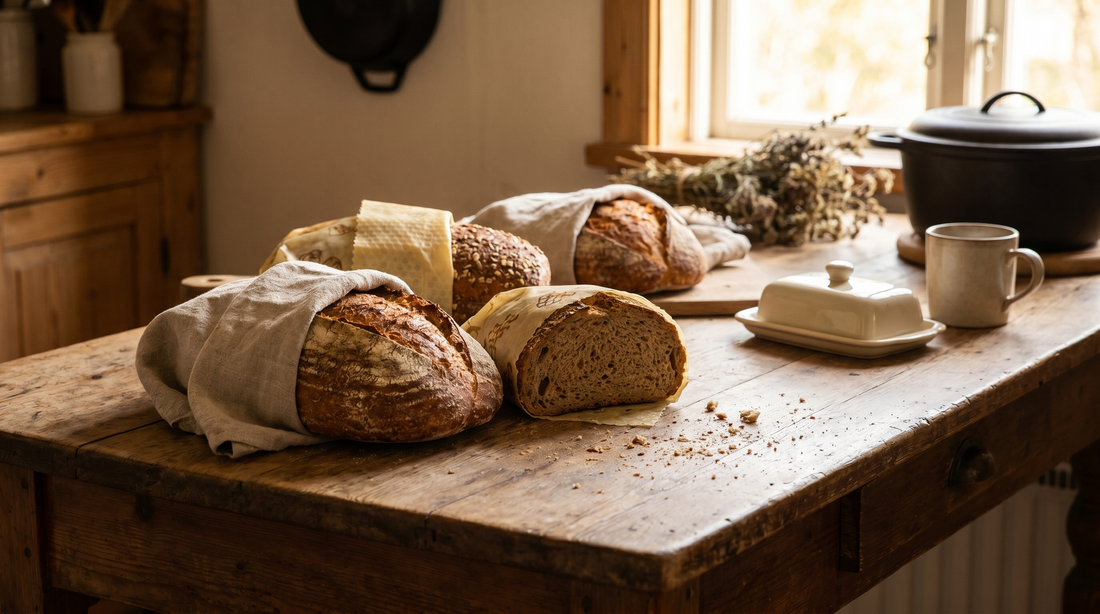 Fresh artisan bread loaves wrapped in linen and beeswax cloths