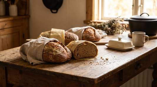 Fresh artisan bread loaves wrapped in linen and beeswax cloths