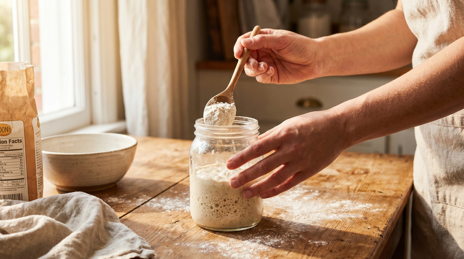 Hands feeding a sourdough starter in a glass jar with flour