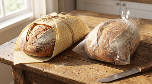 Bread wrapped in beeswax cloth beside bread in a plastic bag, a comparison