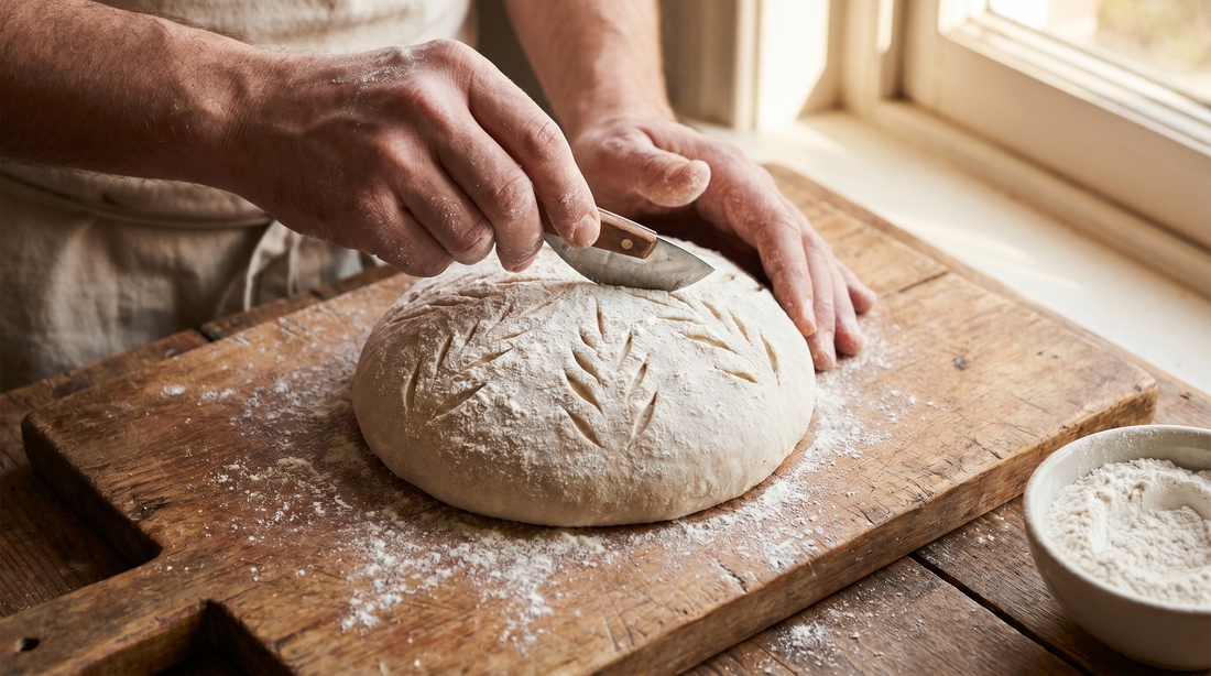Hands scoring a raw sourdough boule with a bread lame
