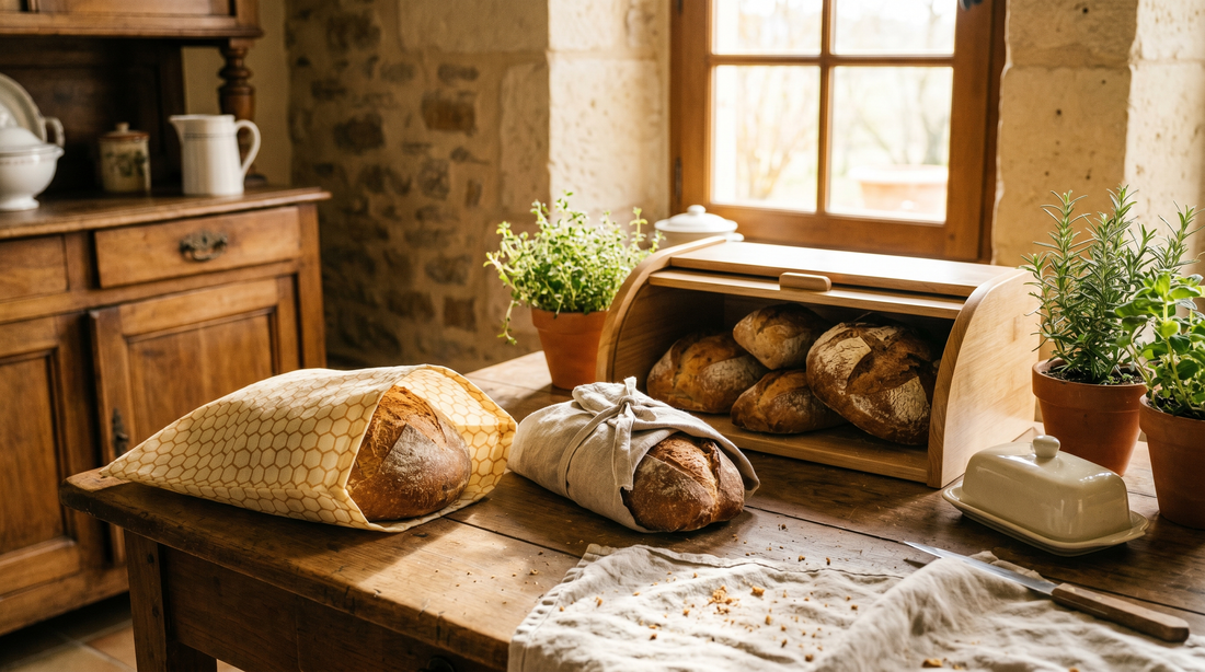 Assortment of bread storage methods with fresh loaves on a wooden table