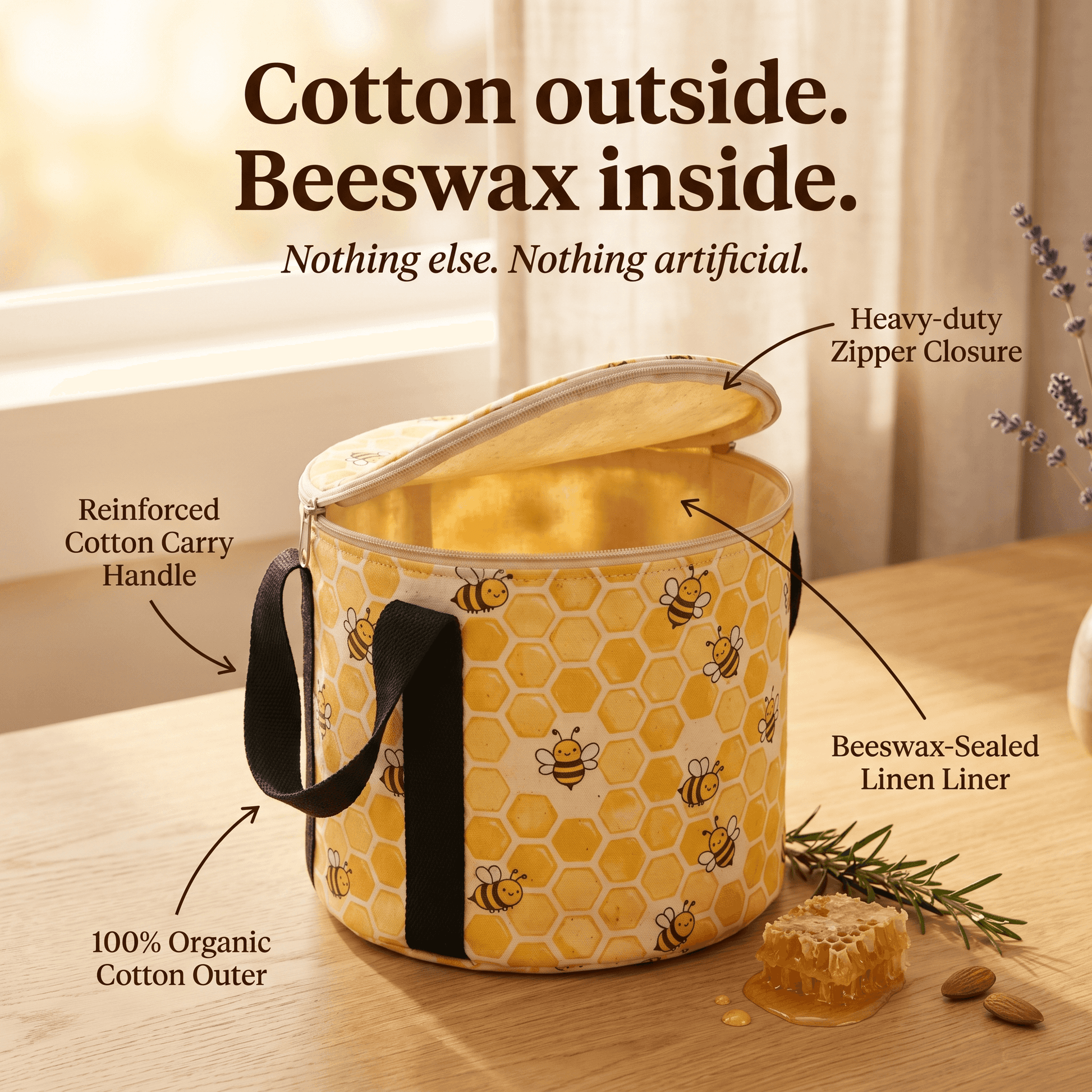 Cotton outside, beeswax inside — close-up of organic cotton outer, beeswax-sealed linen liner, heavy-duty zipper and reinforced handle