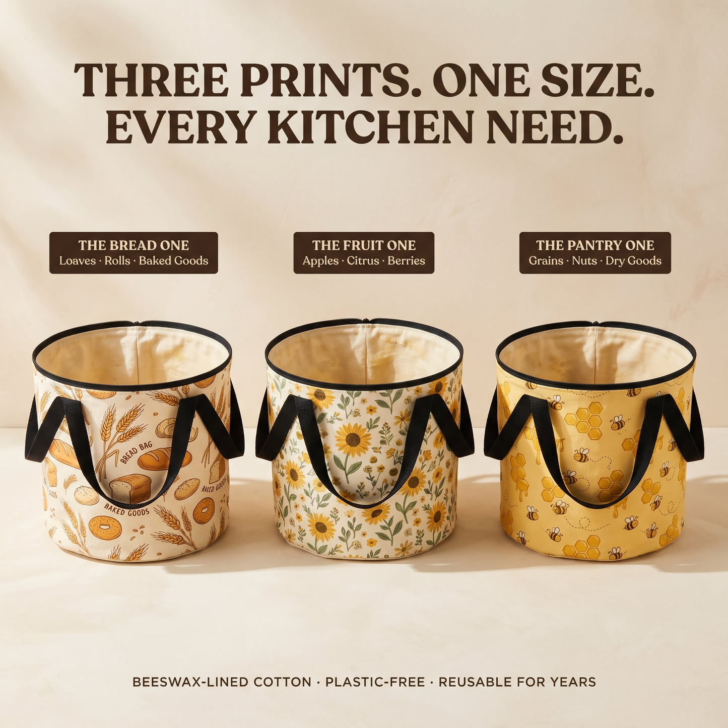 Three prints, one size — Heritage Beeswax Pantry Bucket available in Bread, Sunflower, and Honeycomb designs