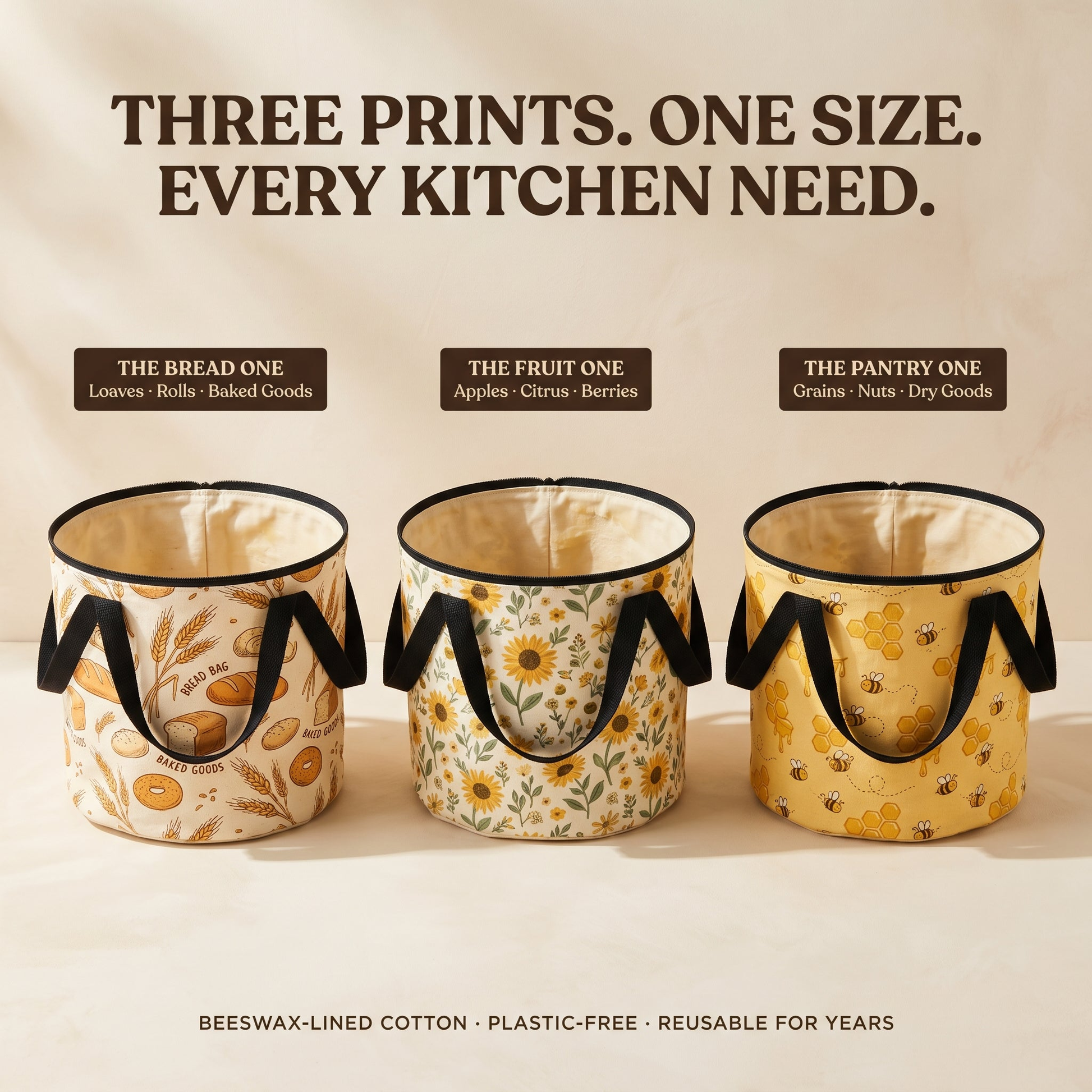 Three prints, one size — Heritage Beeswax Pantry Bucket available in Bread, Sunflower, and Honeycomb designs