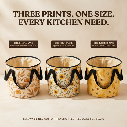Three prints, one size — Heritage Beeswax Pantry Bucket available in Bread, Sunflower, and Honeycomb designs