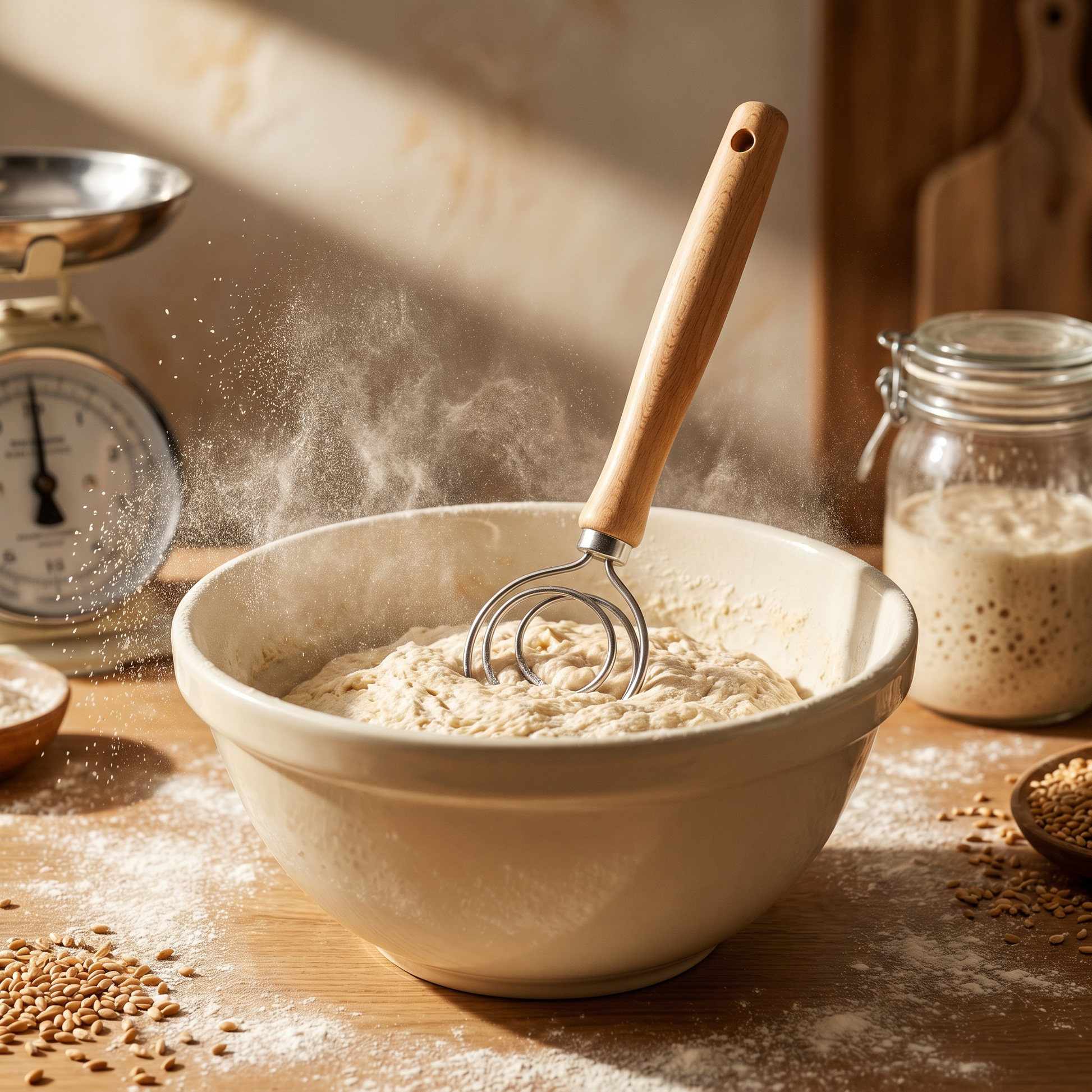 Traditional Danish dough whisk standing in a cream stoneware bowl with shaggy sourdough dough and a cloud of flour