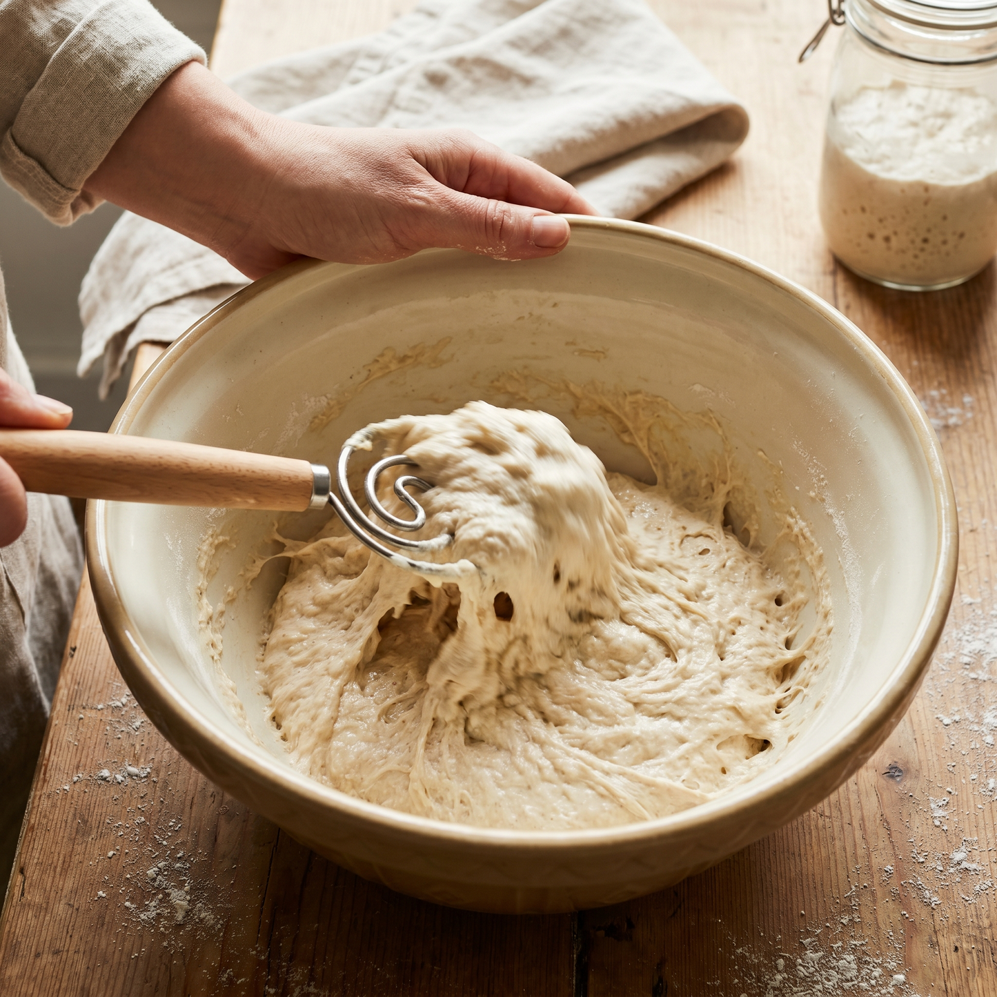Baker's hand mixing sticky sourdough dough with the Exanas Danish dough whisk in a stoneware bowl