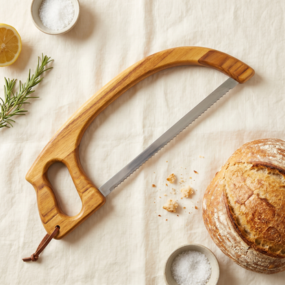 Top-down flat-lay of the Exanas bow-frame bread knife on cream linen with a fresh sourdough boule, herbs and breadcrumbs