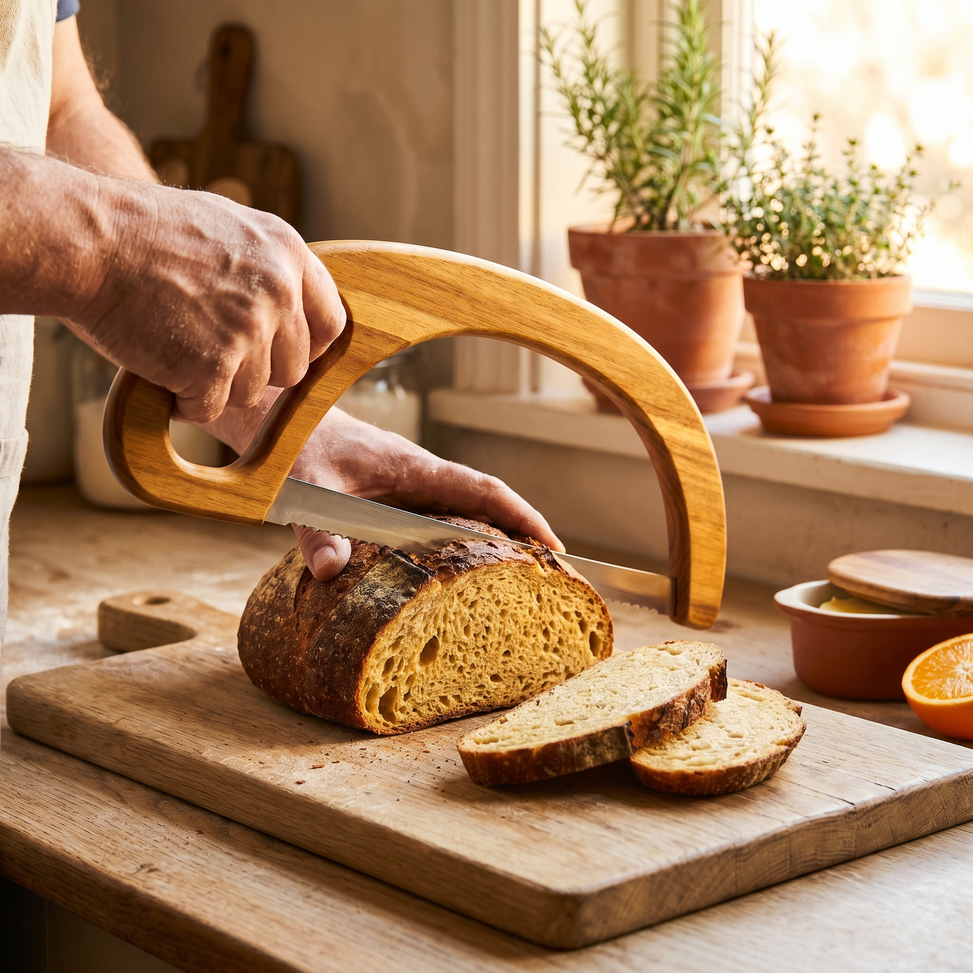 Hand slicing sourdough with the bow-frame artisan bread knife on a rustic oak cutting board in warm morning light