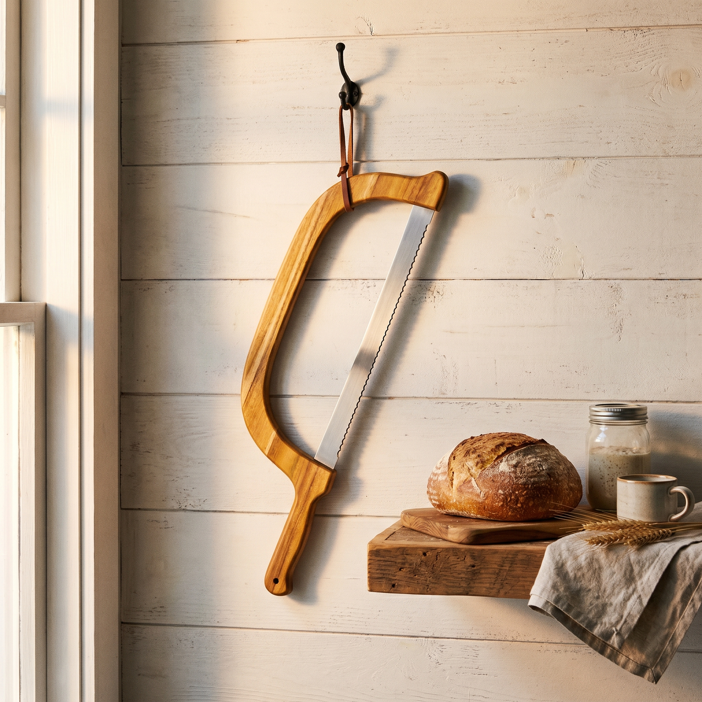 Bow-frame bread knife hanging by its leather lanyard on a rustic kitchen wall hook with sourdough on the shelf below