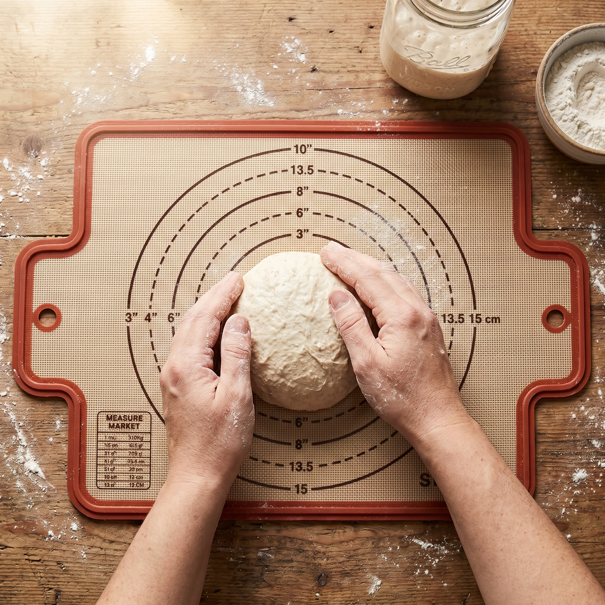 Top-down view of a baker's hands shaping sourdough dough on the Exanas baking mat using the 6-inch measurement ring as a guide