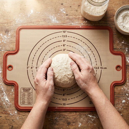 Top-down view of a baker's hands shaping sourdough dough on the Exanas baking mat using the 6-inch measurement ring as a guide