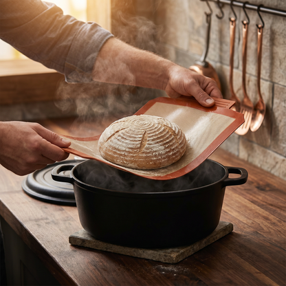 Lowering a shaped sourdough boule into a hot cast-iron Dutch oven by the two handle extensions of the Exanas baking mat