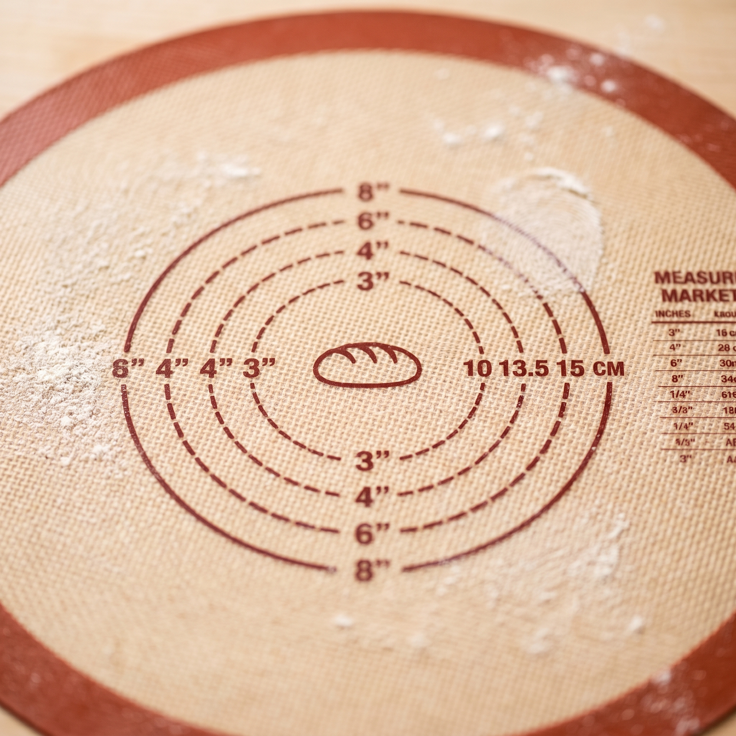 Close-up detail of the Exanas baking mat showing concentric measurement rings in inches and centimeters with the MEASURE MARKET conversion table